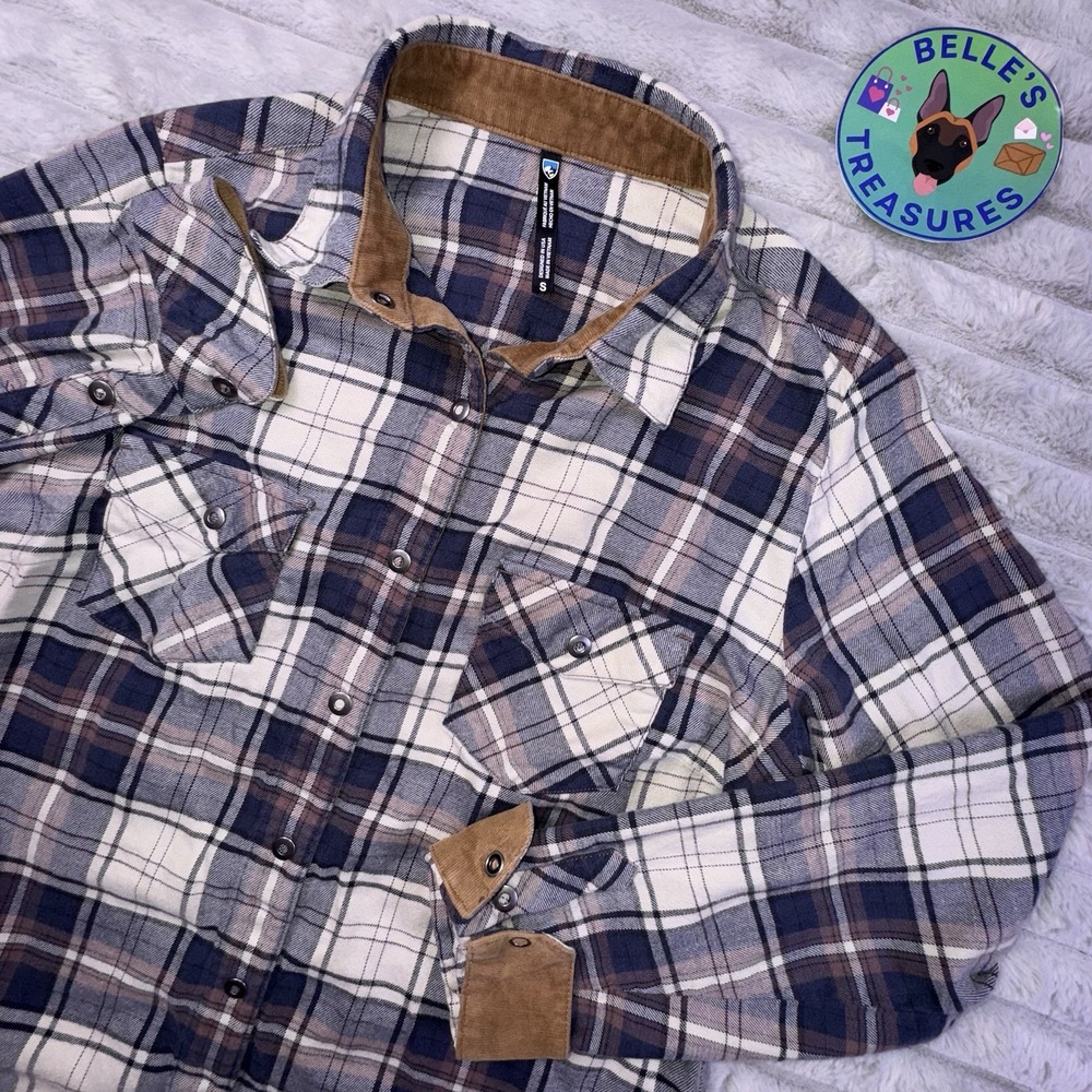 Kuhl Shirt Small Quartz Tess Flannel Snap Plaid Corduroy Trim Hiking Blue‎ Pink